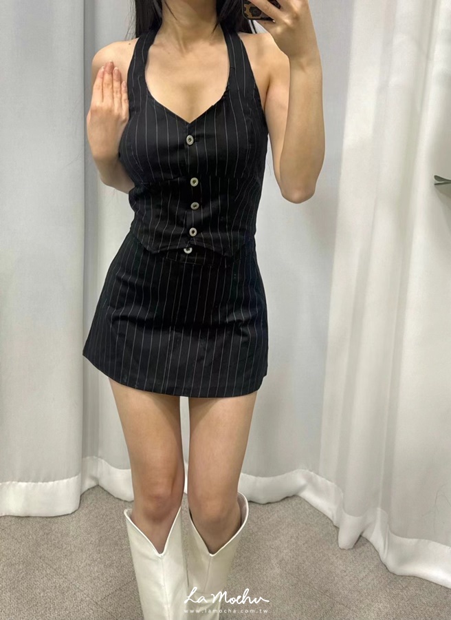 高腰條紋西裝傘裙